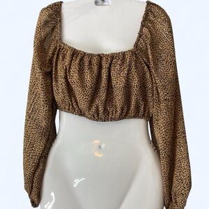 Brown leopard print cropped long sleeve top with tie bow XL Japra